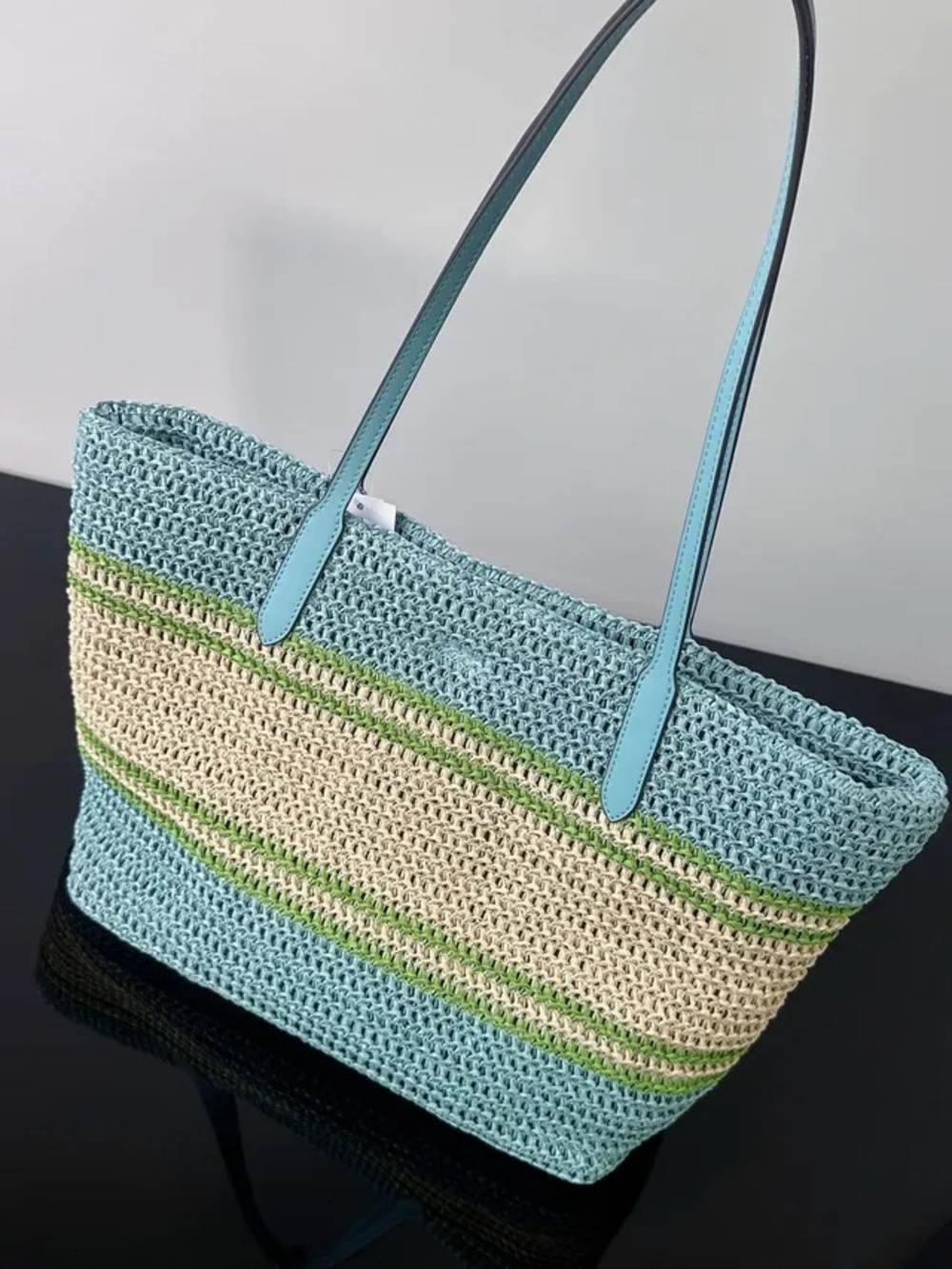 Coach Straw Tote in Light Blue, Cream and Green Stripes - Picture 5 of 6